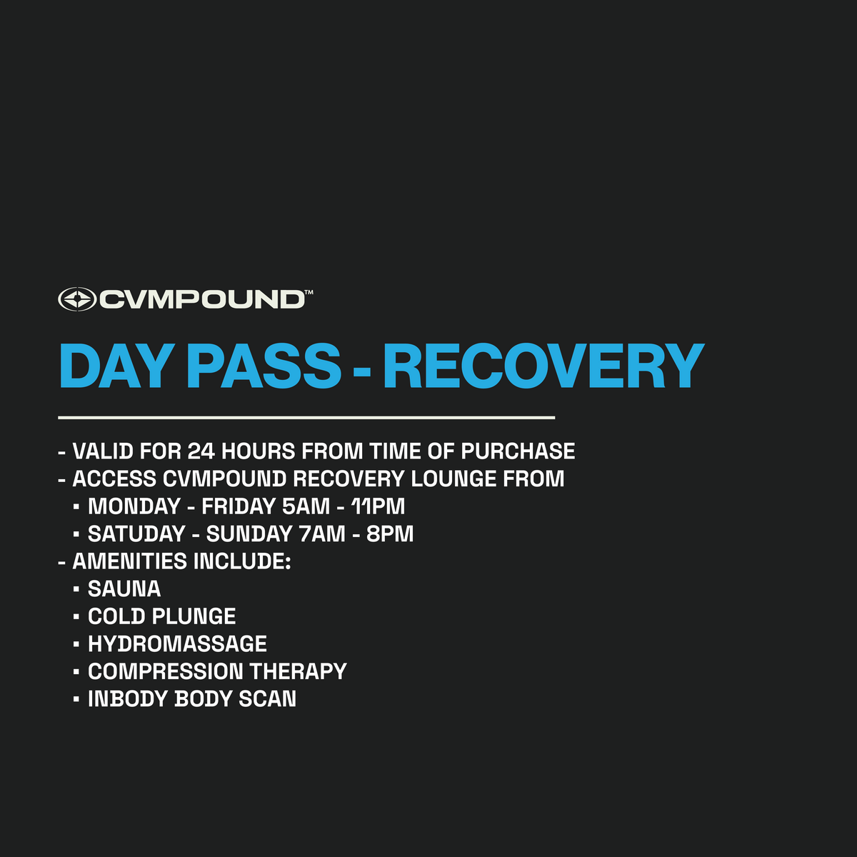 DAY PASSES: RECOVERY LOUNGE AMENITIES
